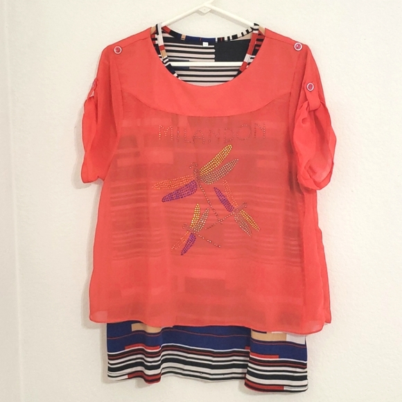 MILANDON red rhinestone stud dragonfly graphic short sleeve top Lrg. - Picture 4 of 10